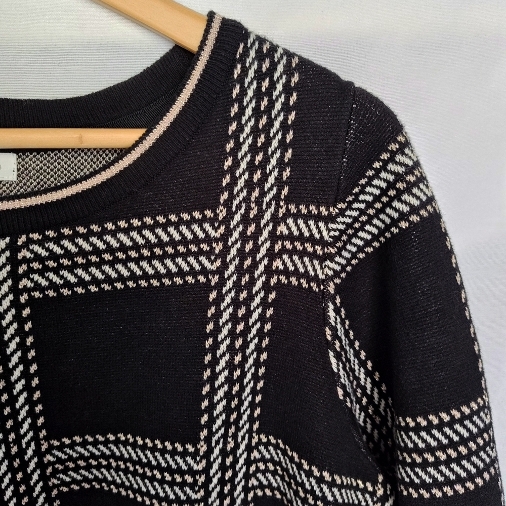 Charter Club Sweater Plaid Metallic Windowpane Black‎ White Beige 1X Crew Neck - Picture 5 of 9